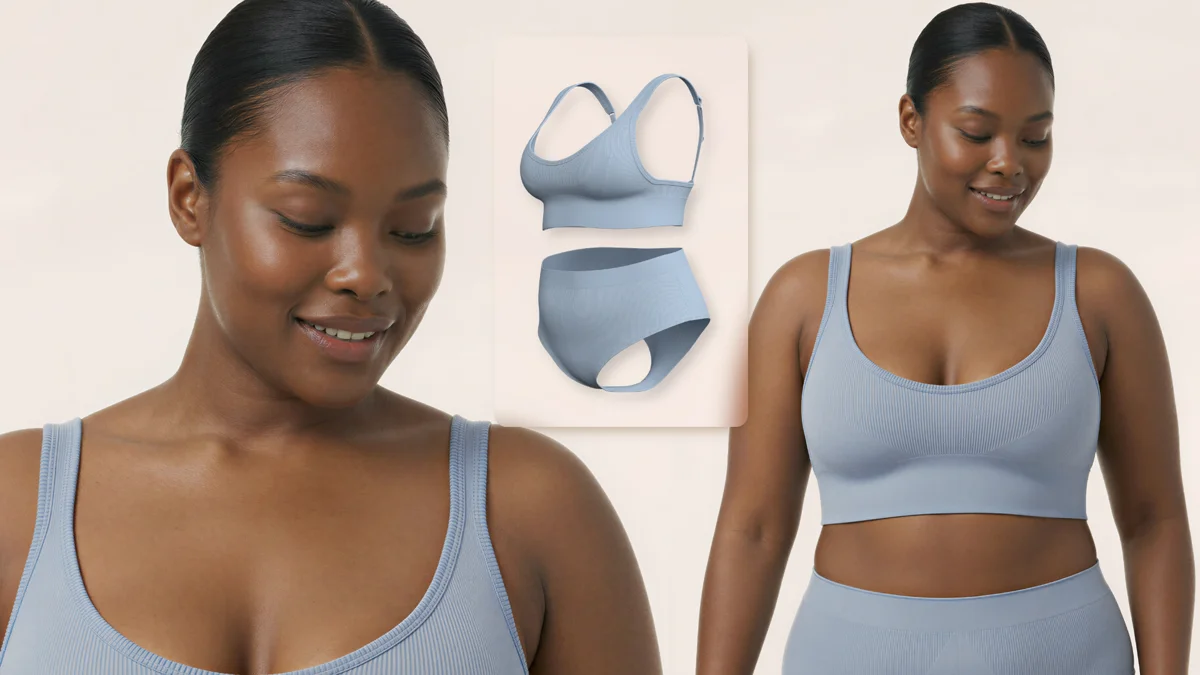 Model wearing a blue ribbed bra and briefs set, beside the 3D still of the same set — product digitization